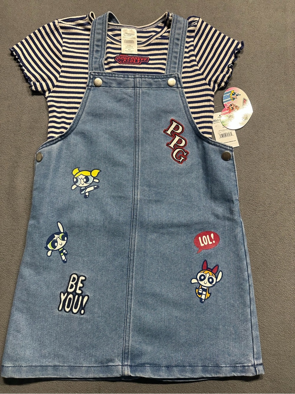 Blue Denim Pinafore Dress with Striped Tee -